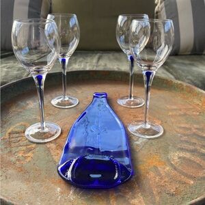 4 Home Essentials Cobalt Blue Teardrop Wine Glasses & 1 Blue Melted Wine Bottle